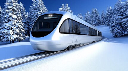 Modern high-speed train travels through snowy mountain landscape.