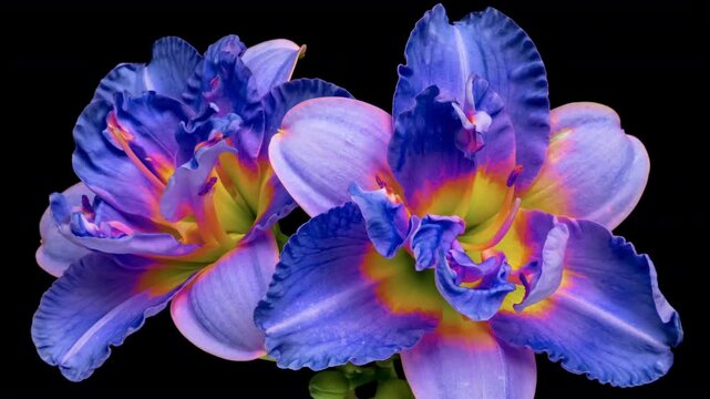 Amazing colorful time lapse of lily flower bud opening, close-up, isolated on black background. 4K UHD video