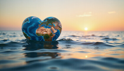 Earth in heart shape floating in ocean at dusk, love for nature