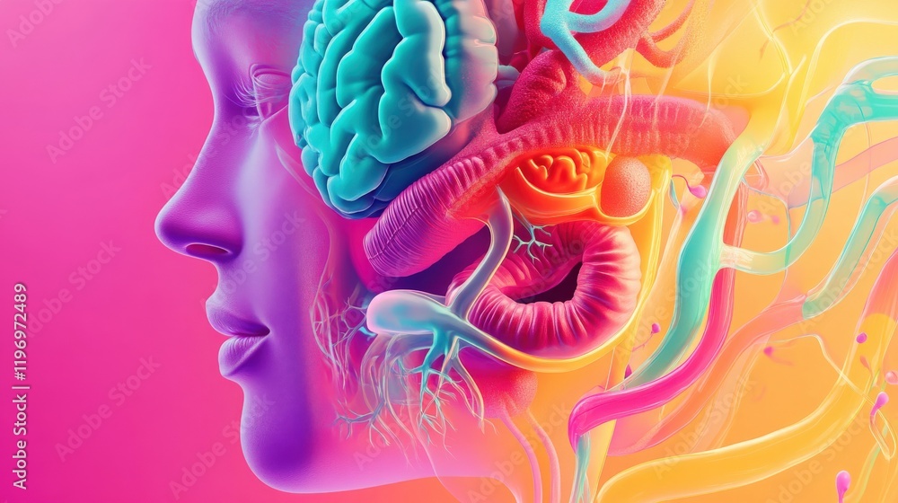 Poster futuristic human head with colorful brain and organs on vibrant abstract background for health and s