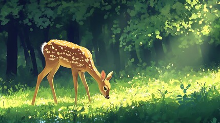 A graceful doe grazing peacefully in a meadow of vibrant green grass