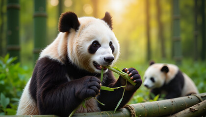 Fototapeta premium Serene panda enjoying bamboo in lush forest at dusk, wildlife conservation