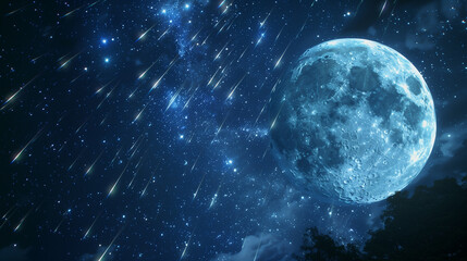 Obraz premium Meteors blaze across a night sky filled with stars, their paths illuminated by the brilliance of a full moon.