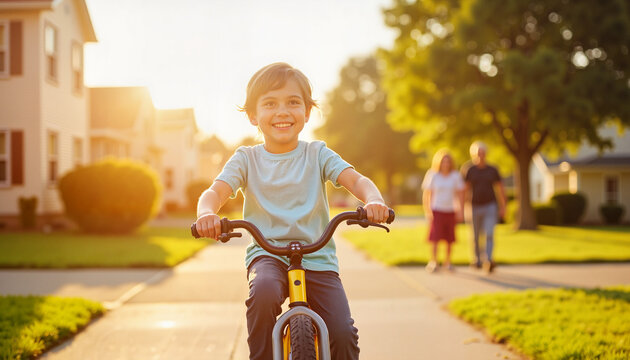 Cheerful child riding a bike in suburban neighborhood, joyful growth