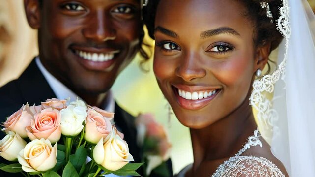 African black love couple wedding romantic portrait on wedding day at wedding ceremony, bride and groom smiling together