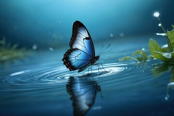 Elegant blue butterfly perched on water's edge creating ripples with reflections in a serene setting