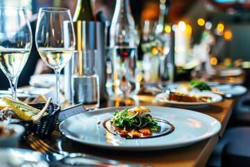 close up horizontal image of a fancy dish served on a fine dining restaurant