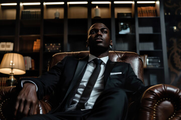 close up horizontal portrait image of a successful black businessman seated in his office
