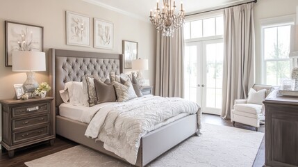 A stylish bedroom with layered bedding, a mix of textures, and soft lighting, designed for comfort and creating a calming environment