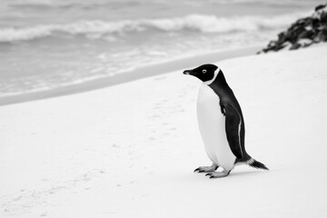 Fototapeta premium Solitary penguin on a white sandy beach, ocean waves in background.