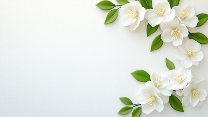 Fototapeta premium Delicate white blossoms with verdant green foliage creating elegant border against pristine white background, highlighting botanical purity copy space for your text