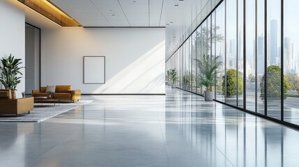Fototapeta premium Large White Wall in Contemporary Office Space with Glass Windows, Minimalist Furniture, Natural Light, and Scenic View of City Skyline