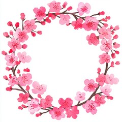 Fototapeta premium Watercolor Pink Cherry Blossom Wreath Spring Floral Frame Japanese Flower Circle Design