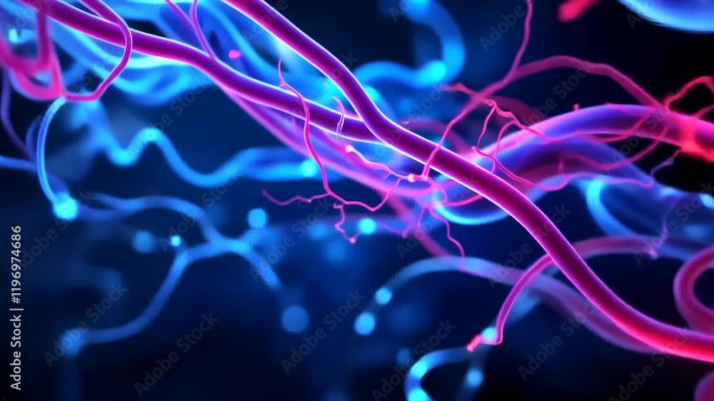 Poster vivid neon lines pulsating against a dark background with dynamic energy flow