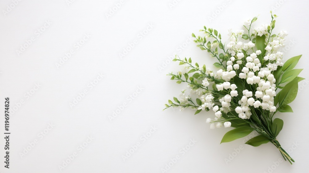 Poster two branches lily of the valley with white flowers and green leaves spring are creating a frame on a