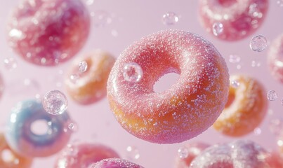 Colorful Floating Donuts with Sparkling Sugar and Bubbles Against a Soft Pink Background for Fun and Playful Design Projects