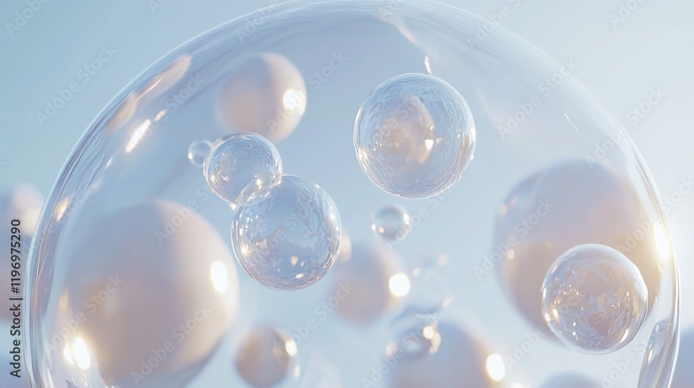 Poster Abstract spheres and bubbles floating in a transparent orb against a light blue sky.