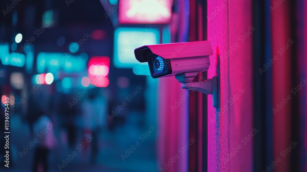 Poster a vibrant image of a cctv camera mounted on a storefront, monitoring the entrance and surrounding ar