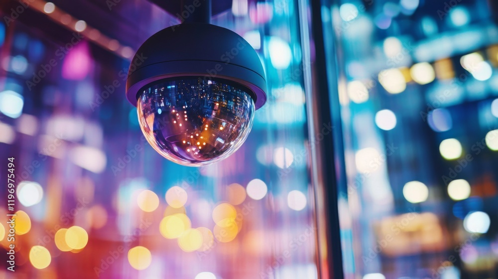 Poster a vibrant image of a cctv camera mounted on a storefront, monitoring the entrance and surrounding ar