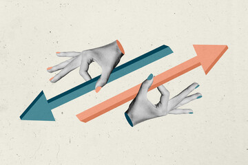 Creative photo poster trend art collage image of hands hold arrow pointer variant option regress...