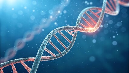 A bright particulate 3D rendered DNA on a blue bokeh background