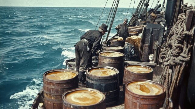 Ambergris , Ocean Fishing Barrels Vintage Shipboard Cod Liver Oil Harvest