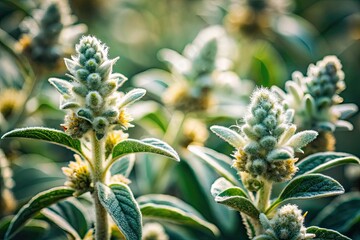 Fototapeta premium Wild Mountain Tea: Close-up macro reveals intricate Sideritis Lamiaceae details, perfect for high-resolution printing.