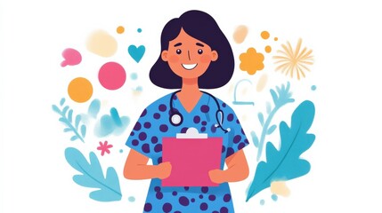 Cheerful Nurse Holding Clipboard Surrounded by Colorful Floral Elements and Medical Symbols in a Bright Illustration