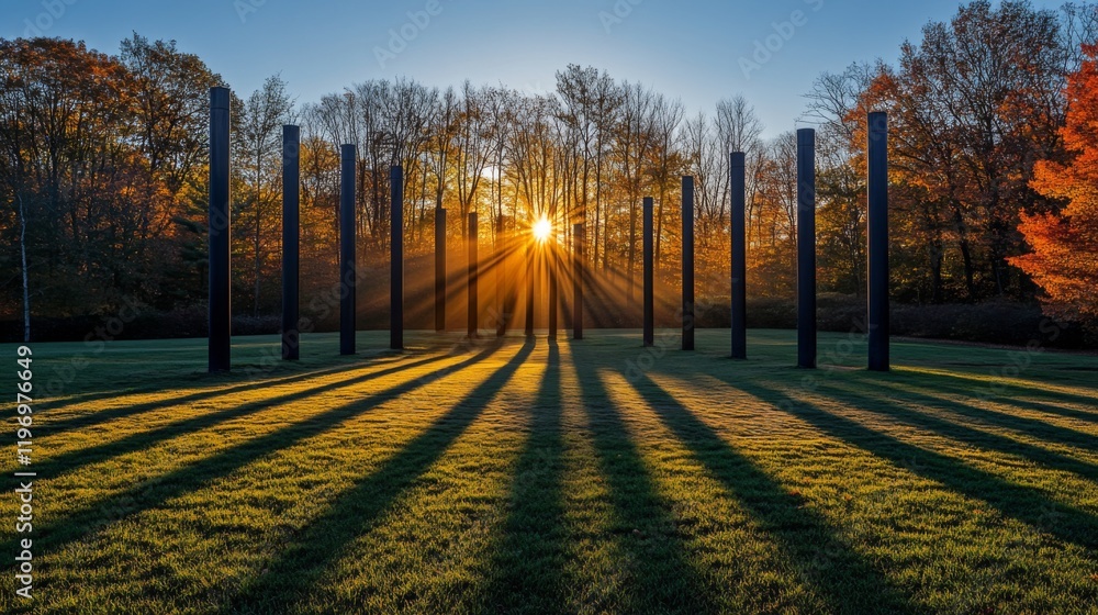 Poster a vibrant sunrise illuminating a row of utility poles, with the light casting long shadows across a 