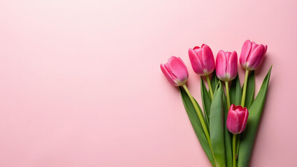 Fototapeta premium Beautiful composition spring flowers. Bouquet of pink tulips flowers on pastel pink background. Valentine's Day, Easter, Birthday, Happy Women's Day, Mother's Day. Flat lay, copy space, top view,