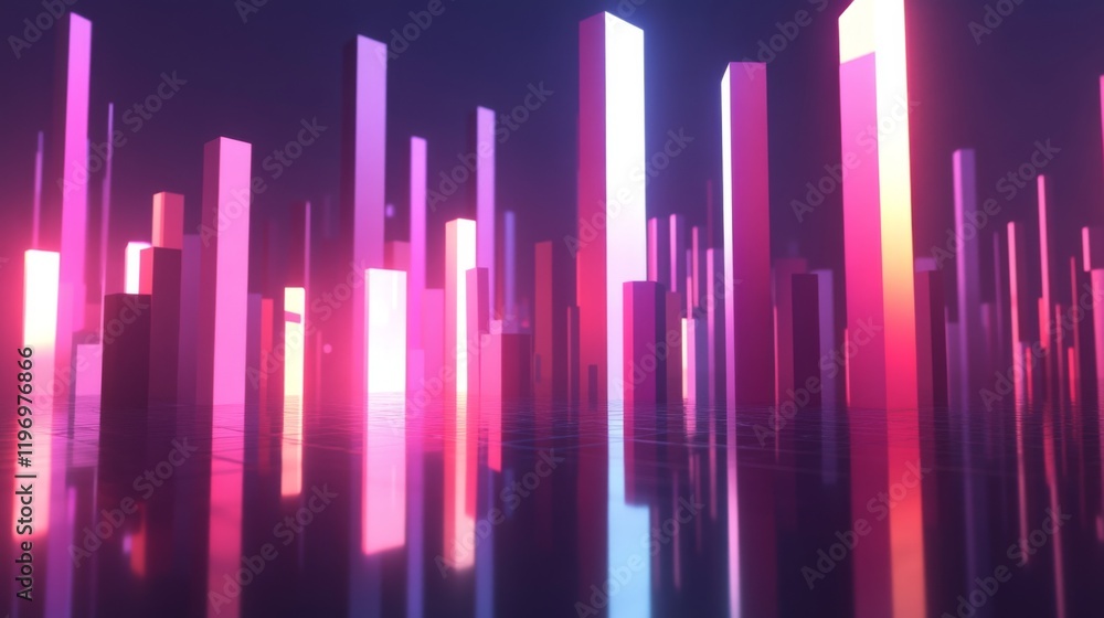 Poster bright gradient d bars rising from a digital floor with soft reflections, creating a futuristic data