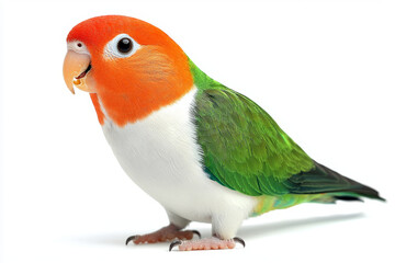 Vibrant red, white, and green lovebird perched, isolated on white.
