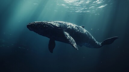 Obraz premium A humpback whale swims gracefully through deep blue waters, with rays of sunlight breaking the surface and creating a magical underwater atmosphere
