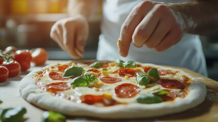 A skilled chef delicately sprinkles fresh herbs and spices onto a freshly prepared pizza topped with pepperoni and cheese. The warm kitchen environment creates a welcoming atmosphere