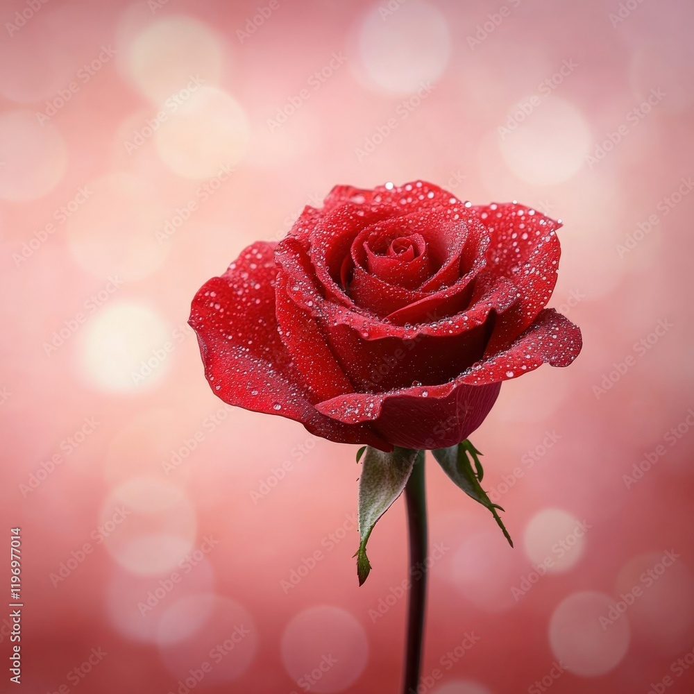 Poster beautiful red rose with dew drops on pink background creating a romantic and elegant atmosphere for 