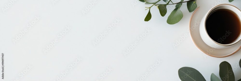 Poster cozy coffee setup with empty space for text and decorative greenery on a light background for presen