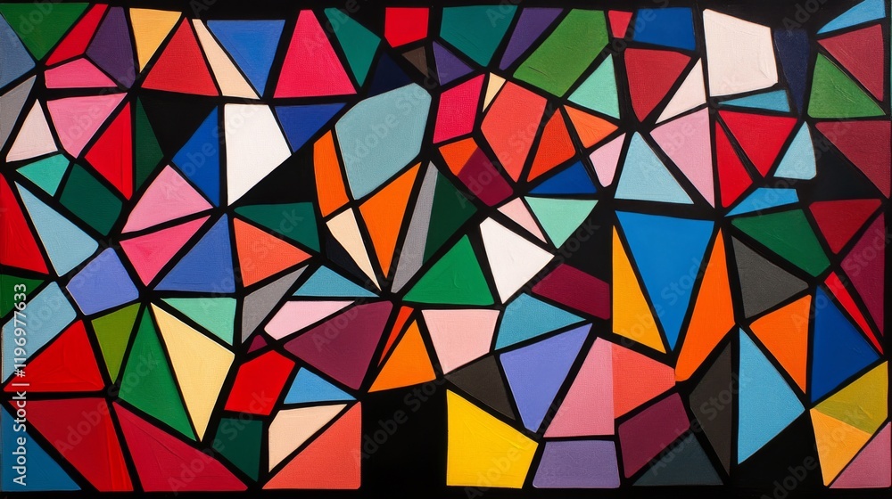 Poster Collection of abstract triangle shapes in bold colors, forming a vibrant, layered pattern with depth and sharp angles on a black background