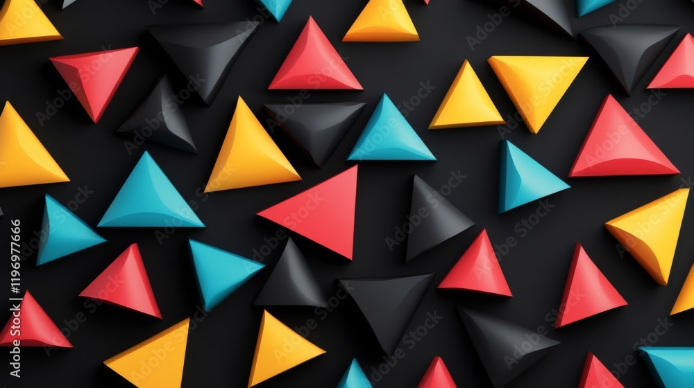 Poster collection of abstract triangle shapes in bold colors, forming a vibrant, layered pattern with depth