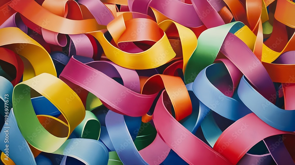 Poster a hypnotic flow of colorful ribbons twisting through an endless void