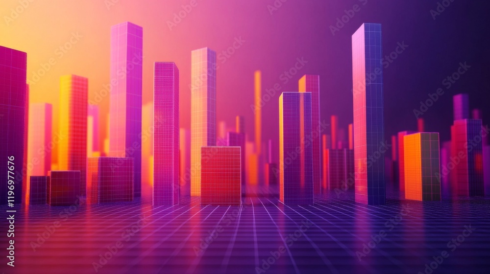 Poster colorful d bars rising from a digital grid floor, with subtle lighting and a gradient background to 