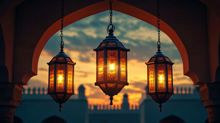 Obraz premium Beautiful lanterns illuminate the sky at sunset during Ramadan celebration