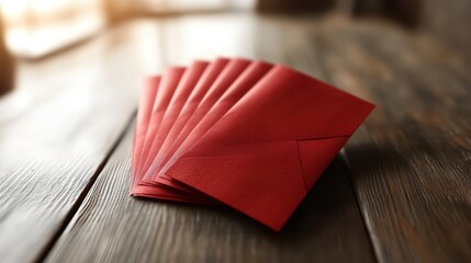 Red Envelopes Fanned Out on a Wooden Table