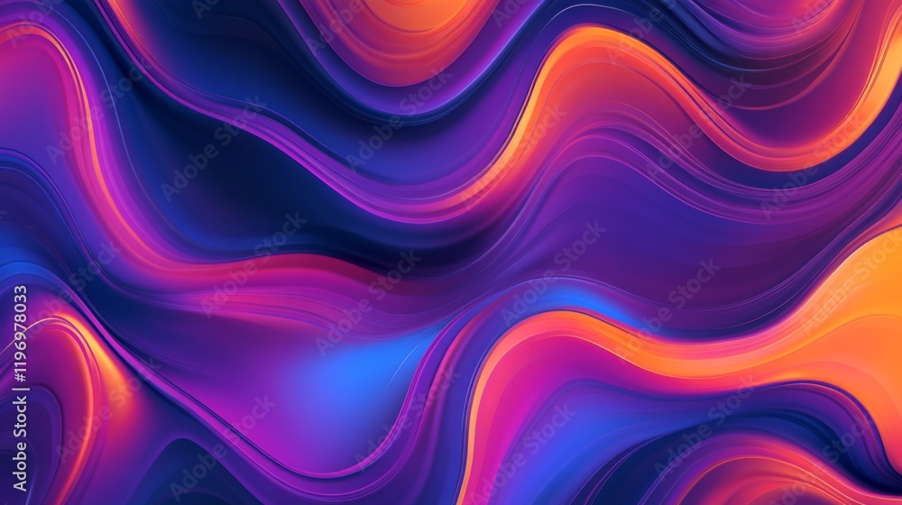 Poster colorful wave patterns with gradient effects, creating fluid, dynamic lines across a black backgroun