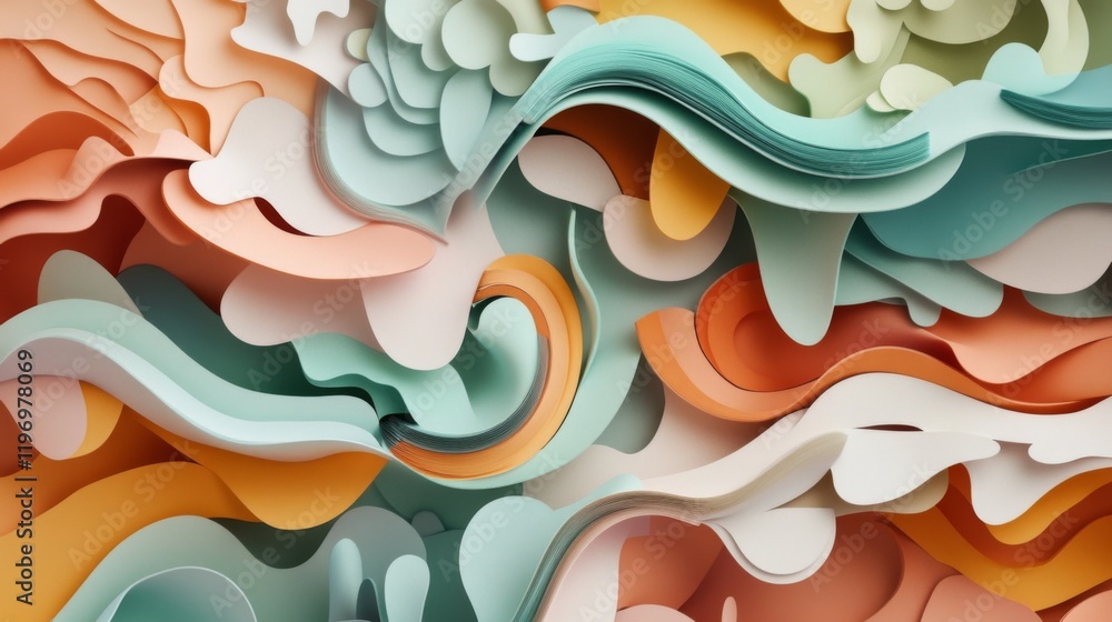 Aufkleber creative abstract graphic featuring layered paper-cut style shapes in pastel tones, creating a d vis