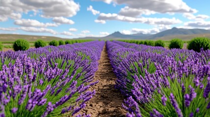 Scenic Lavender Fields Under Blue Sky with White Clouds