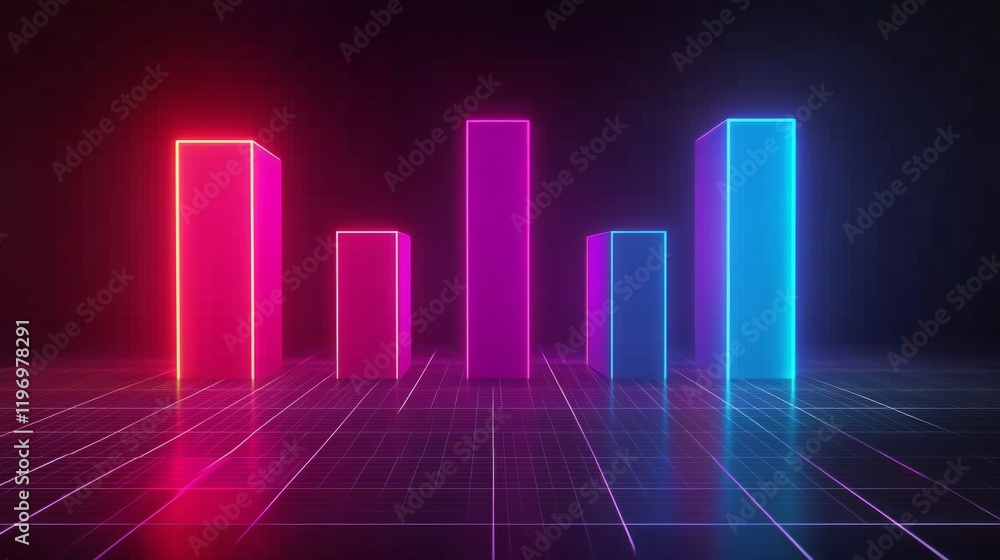 Leinwandbilder dark-themed d bar chart with neon-colored bars and a digital grid base, capturing a futuristic data 