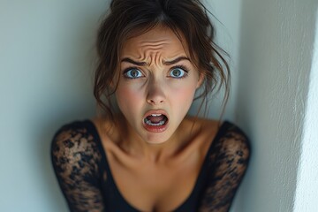 A woman looks surprised with a mix of emotions on her face, possibly reacting to something unexpected