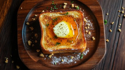 Crispy golden toast topped with melted butter, placed on a rustic wooden plate, with crumbs and herbs scattered around for a cozy breakfast vibe