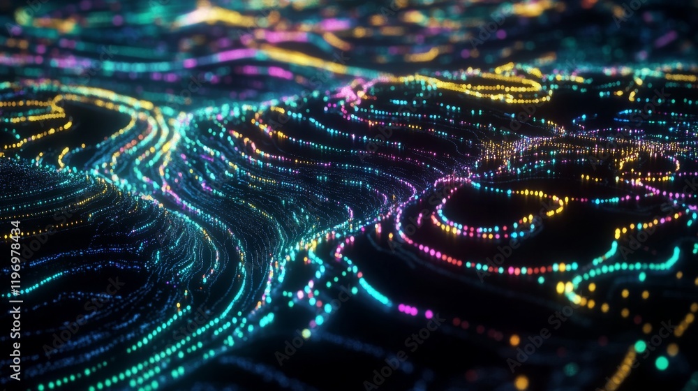 Leinwandbilder Dynamic data wave in vibrant neon colors, representing digital information flow on a black background for a futuristic, tech-inspired look