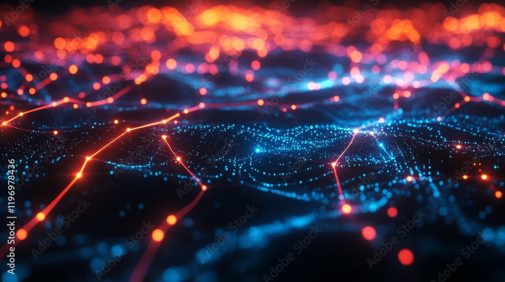 Fototapete dynamic data wave in vibrant neon colors, representing digital information flow on a black backgroun